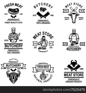 Set of meat store labels. Design element for logo, label, emblem, sign, badge. Vector illustration