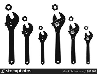 Set of mechanical wrenches with nuts. Vector silhouettes clip art illustration isolated on white. Set of mechanical wrenches with nuts. Silhouettes