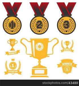 Set of medal icons, trophy, first place. Design element for logo, label, sign, brand mark. Vector illustration.