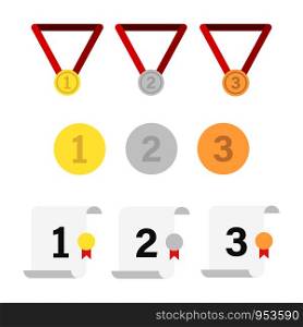 Set of medals coins and charters of competition isolated symbols. Gold silver bronze medals. Winner prize icon.Trophy award concept design. ESP 10. Set of medals coins and charters of competition isolated symbols. Gold silver bronze medals. Winner prize icon.Trophy award concept design.