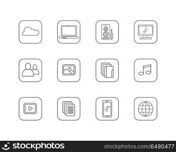Set of media and technology vector line icons. Cloud, laptop, screen, mobile, globe, user, speaker, documents, picture, note pictograms. Illustration for app button infogpaphic web design On white. Set of Media and Technology Line Vector Icons. Set of Media and Technology Line Vector Icons