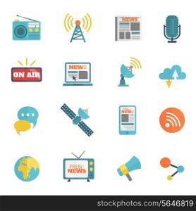 Set of media news tv global technology icons flat set vector illustration