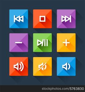 Set of media player buttons in flat design style.