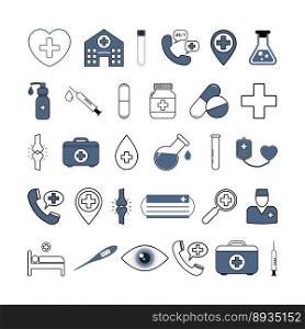 Set of medical contour icons - hospital, doctor, heart, donor, syringe, first aid kit, call, capsules, medicines and others on a white background.