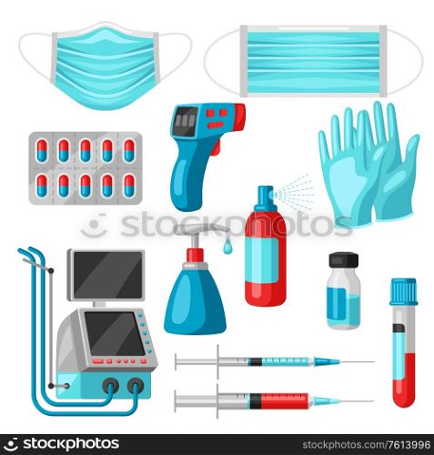 Set of medical equipment and protection. Health care, treatment and safety items.. Set of medical equipment and protection.