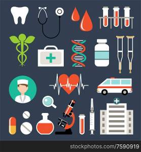 Set of medical icons. Analyzes, examinations, medical devices. Vector illustration