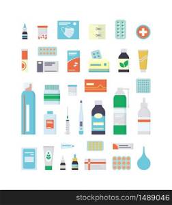Set of medications, drugs, pills and bottles for first aid kit and medical cabinet. Isolated vector illustration in flat style on white background. Set of medications, drugs, pills and bottles for first aid kit and medical cabinet.