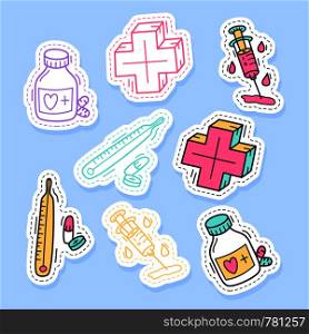 Set of medicine stickers, pins, patches and handwritten collection in cartoon style. Funny greetings for clothes, card, badge, icon, postcard, banner, tag, stickers, print.