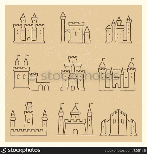 Set of medieval castles line icos. Tower building architecture, fortress collection, vector illustration. Set of medieval castles line icos
