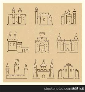 Set of medieval castles line icos. Tower building architecture, fortress collection, vector illustration. Set of medieval castles line icos