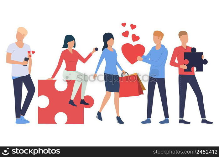 Set of men and woman with objects. People chatting on smartphone, holding heart, shopping bag, puzzle piece. People concept. Vector illustration can be used for topics like love day or buying gifts. Set of men and woman with objects