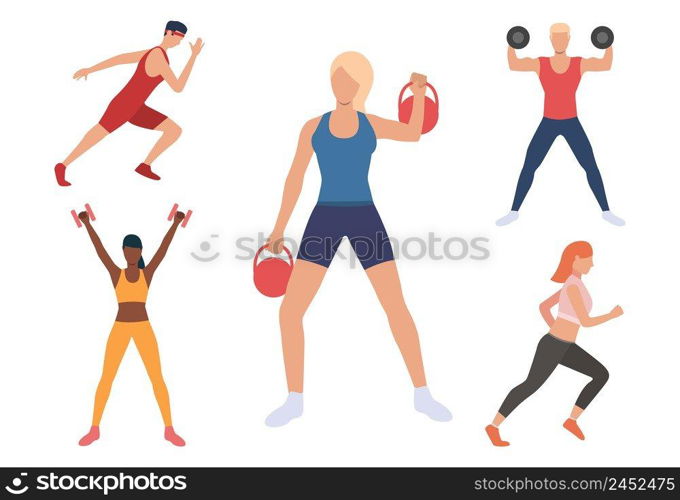 Set of men and women exercising in gym. People lifting weight, training strength, running. Sport concept. Vector illustration can be used for topics like fitness club or hobby. Set of men and women exercising in gym