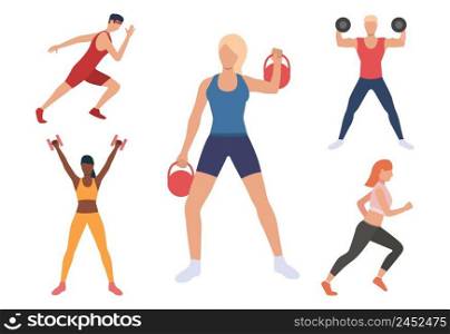 Set of men and women exercising in gym. People lifting weight, training strength, running. Sport concept. Vector illustration can be used for topics like fitness club or hobby. Set of men and women exercising in gym