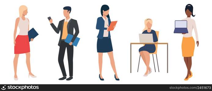 Set of men and women wearing business clothes. Cartoon characters communicating in office. Vector illustration can be used for presentation, advertisement, placard. Set of men and women wearing business clothes