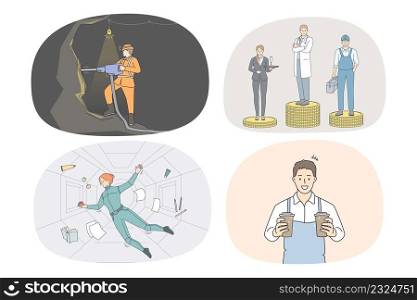 Set of men and women with diverse jobs and occupations. Collection of people having different professions and careers. Employment. Miner, spaceman and barista. Vector illustration.. Bundle of people having different careers