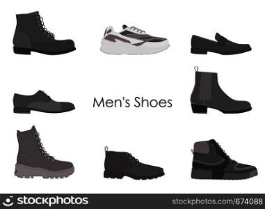 Set of men boots. Collection mens footwear isolated on white background. Vector illustration. Collection mens footwear isolated on white background. Set of men boots.