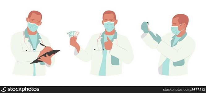 Set of men doctor in mask showing pills, writing in clipboard, checking analysis. Medical specialist in a white coat with stethoscope. Medical services, consult. Hand drawn flat vector illustration.