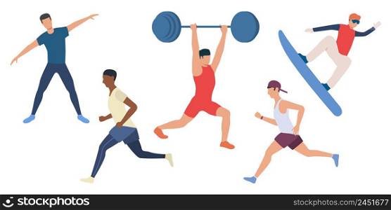 Set of men doing sport. Group of athletes training in gym and outdoors. Vector illustration can be used for strength, brochure, hobby. Set of men doing sport
