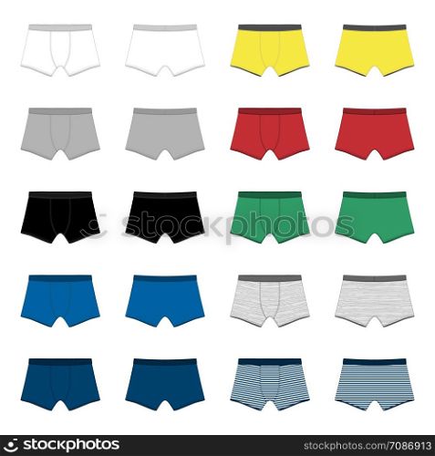 Set of men underpants. Boxer shorts isolated on white background. Man underwear. White, gray, black, blue, yellow, red, green colors. Melange and stripes fabric Vector illustration. Set of men underpants. Boxer shorts isolated. Man underwear.