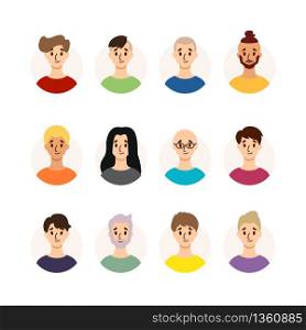 Set of men with different hairstyles, hair color and ages. Collection of males avatars. Vector illustration isolated on white background. Flat style.