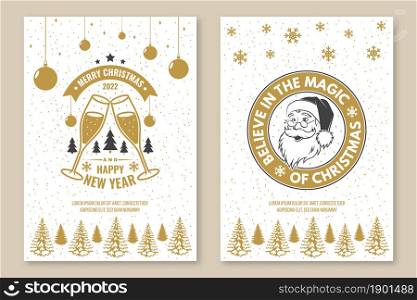 Set of Merry Christmas and 2022 Happy New Year poster, flyer, greeting cards. Set quotes with snowflakes, champagne glasses and Santa Claus. Vector. Design for xmas, new year emblem. Set of Merry Christmas and 2022 Happy New Year poster, flyer, greeting cards. Set quotes with snowflakes, champagne glasses and Santa Claus. Vector. Design for xmas, new year emblem.