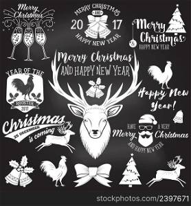 Set of Merry Christmas and Happy New Year 2017 typography design. Vector illustration on the chalkboard. Xmas retro badge. Concept for shirt or logo, print, stamp, patch.. Set of Merry Christmas and Happy New Year 2017 typography design.
