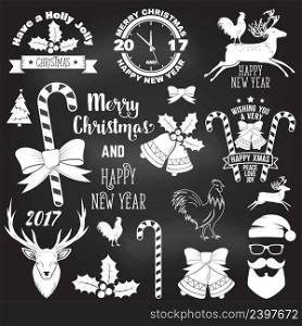 Set of Merry Christmas and Happy New Year 2017 typography design. Vector illustration on the chalkboard. Xmas retro badge. Concept for shirt or logo, print, st&, patch.. Set of Merry Christmas and Happy New Year 2017 typography design.