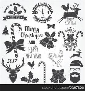 Set of Merry Christmas and Happy New Year 2017 typography design. Vector illustration. Xmas retro badge. Concept for shirt or logo, print, stamp, patch.. Set of Merry Christmas and Happy New Year 2017 typography design.