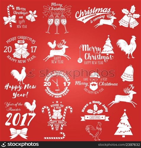 Set of Merry Christmas and Happy New Year 2017 typography design. Vector illustration. Xmas retro badge. Concept for shirt or logo, print, stamp, patch.. Set of Merry Christmas and Happy New Year 2017 typography design.