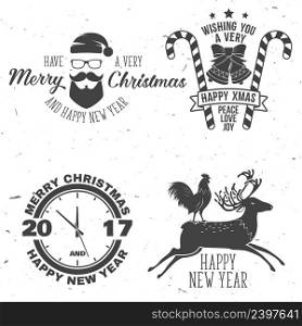 Set of Merry Christmas and Happy New Year 2017 typography design. Vector illustration. Xmas retro badge. Concept for shirt or logo, print, stamp, patch.. Set of Merry Christmas and Happy New Year 2017 typography design