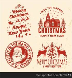 Set of Merry Christmas and Happy New Year stamp, sticker with elk, silhouette of Santa Claus face, Catholic Church, christmas tree, sleigh with deer. Vector. Vintage design for xmas, new year emblem. Set of Merry Christmas and Happy New Year stamp, sticker with elk, silhouette of Santa Claus face, Catholic Church, christmas tree, sleigh with deer. Vector. Vintage design for xmas, new year emblem.