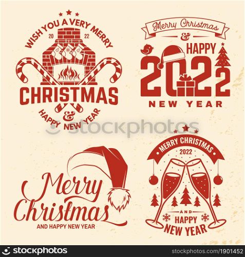 Set of Merry Christmas and Happy New Year stamp, sticker with glasses of champagne, fireplace with Christmas socks, christmas candy. Vector. Vintage design for xmas, new year emblem. Set of Merry Christmas and Happy New Year stamp, sticker with glasses of champagne, fireplace with Christmas socks, christmas candy. Vector. Vintage design for xmas, new year emblem.