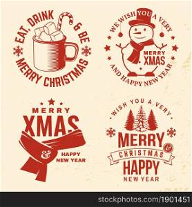 Set of Merry Christmas and Happy New Year stamp, sticker with silhouette of snowman, winter scarf, forest landscape, mug of hot chocolate. Vector. Vintage design for xmas, new year emblem. Set of Merry Christmas and Happy New Year stamp, sticker with silhouette of snowman, winter scarf, forest landscape, mug of hot chocolate. Vector. Vintage design for xmas, new year emblem.