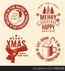 Set of Merry Christmas and Happy New Year stamp, sticker with silhouette of Santa Claus face, winter scarf, forest landscape, mug of hot chocolate. Vector. Vintage design for xmas, new year emblem. Set of Merry Christmas and Happy New Year stamp, sticker with silhouette of Santa Claus face, winter scarf, forest landscape, mug of hot chocolate. Vector. Vintage design for xmas, new year emblem.