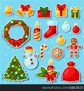 Set of Merry Christmas and Happy New Year sticker icons. Set of Merry Christmas and Happy New Year sticker icons.