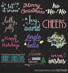 Set of Merry Christmas and Happy New Year vintage hand drawn logos, badges,"es and phrases for gift tags, postcards, posters.Vector.. Set of Merry Christmas and Happy New Year vintage hand drawn logos, badges,"es and phrases for gift tags, postcards, posters.