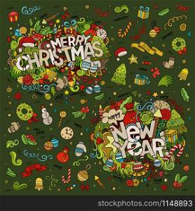 Set of Merry Christmas and New Year hand lettering and doodles elements, symbols & objects background. Set of Merry Christmas and New Year hand lettering and doodles