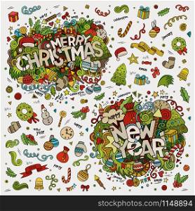 Set of Merry Christmas and New Year hand lettering and doodles elements, symbols & objects background. Set of Merry Christmas and New Year hand lettering and doodles elements