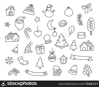 Set of merry christmas element and symbol in doodle style.
