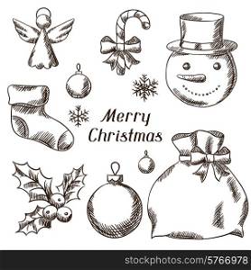 Set of Merry Christmas hand drawn icons and objects.
