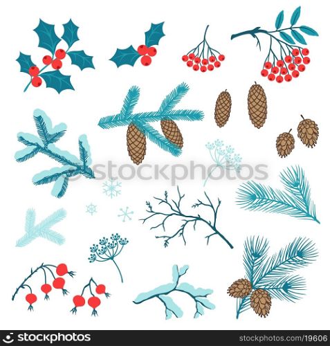 Set of Merry Christmas stylized winter branches.