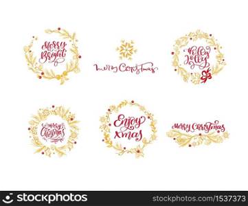 Set of Merry Christmas text and golden wreath, hand drawn lettering and Happy New Year typography design. Bundle For greeting card, invitation, poster, flyer, logo, emblem.. Set of Merry Christmas text and golden wreath, hand drawn lettering and Happy New Year typography design. Bundle For greeting card, invitation, poster, flyer, logo, emblem