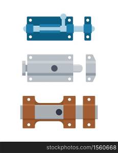Set of metal door bolts and latches. Steel safety hardware. Vector illustration in flat style on white background.. Set of metal door bolts and latches. Steel safety hardware. Vector illustration