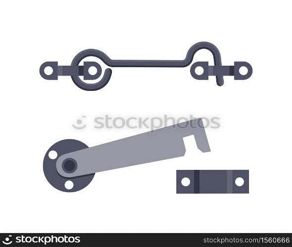 Set of metal door hooks. Steel safety hardware. Vector illustration in flat style on white background.. Set of metal door hooks. Steel safety hardware. Vector illustration