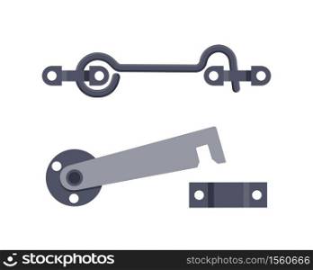 Set of metal door hooks. Steel safety hardware. Vector illustration in flat style on white background.. Set of metal door hooks. Steel safety hardware. Vector illustration