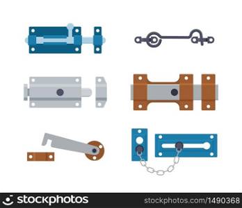 Set of metal gate latchs, door bolts, hooks and chain. Steel safety hardware. Vector illustration in flat style on white background.. Set of metal gate latchs, door bolts, hooks and chain. Steel safety hardware. Vector