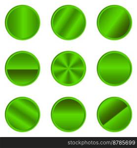 Set of metallic green circles. Luxury metallic green circle button. Metallic green circle. Realistic metal button. Green circles collection. Vector illustration