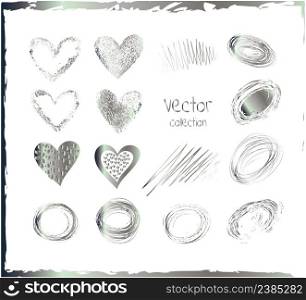 Set of metallic heart. Silver heart valentine icon set. Vector set of silver hearts