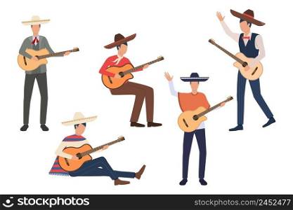 Set of Mexican guitarists. Men in sombreros playing guitars and singing. Show concept. Vector illustration can be used for topics like fiesta, Mexico, street performance. Set of Mexican guitarists