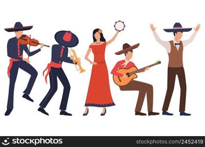 Set of Mexican musicians. Men in sombreros playing instruments, woman dancing with tambourine. Show concept. Vector illustration can be used for topics like fiesta, Mexico, party. Set of Mexican musicians. Men in sombreros playing instruments